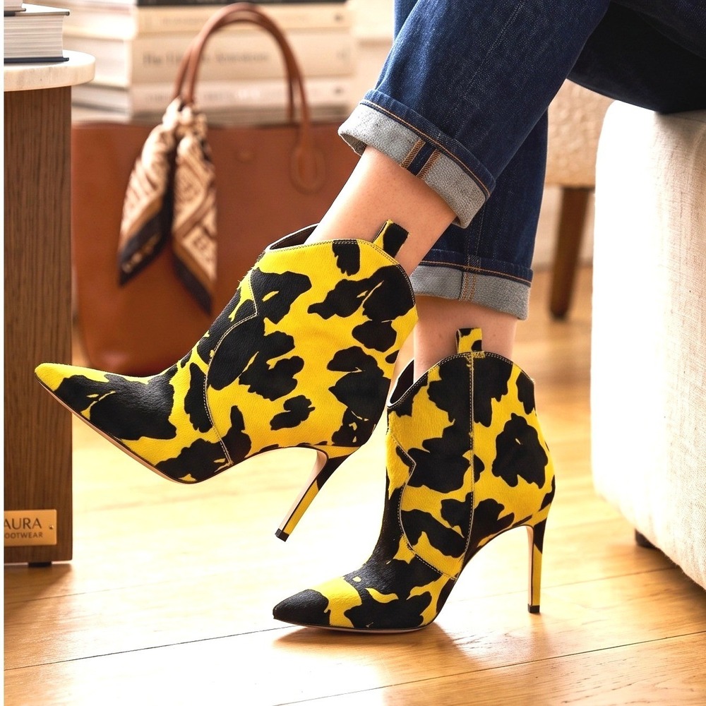Jessica Simpson Women Yellow Black Cow Print Pixille2 Cow Hair Booties Size 9.5M